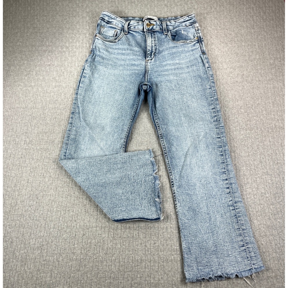 Zara Bootcut Jeans Womens Size 8/28x25 Blue Light Wash Raw Hem High Rise Denim